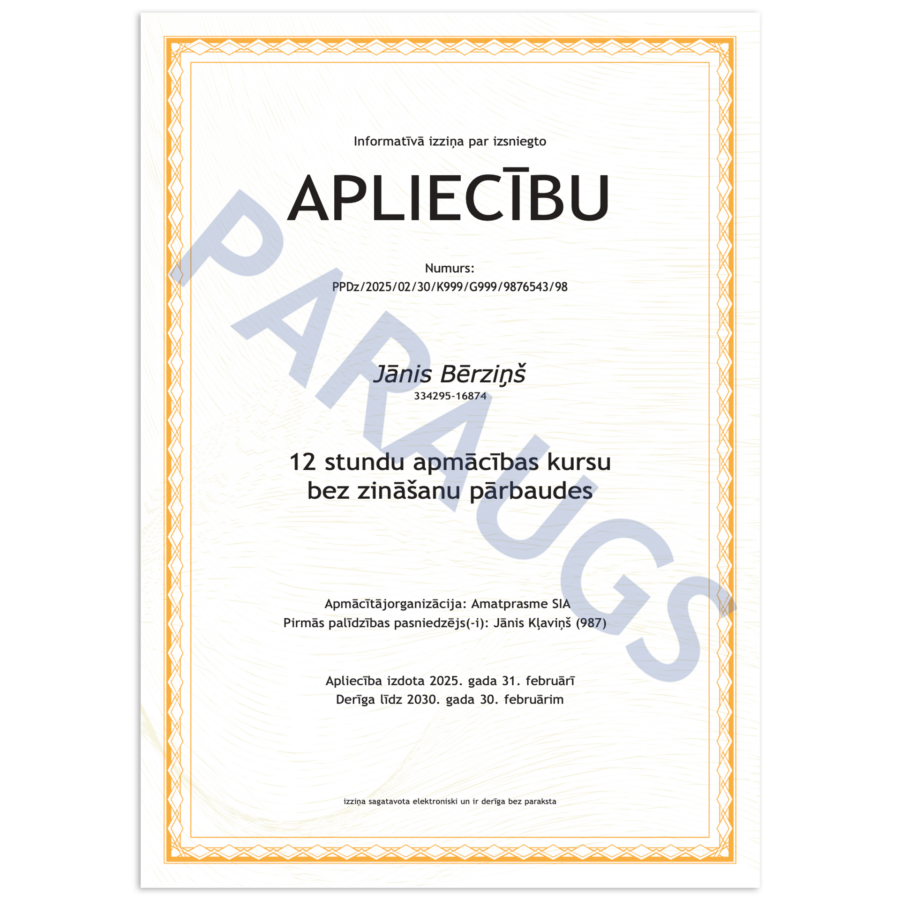 Pirmā palīdzība 12 stundas apliecība paraugs