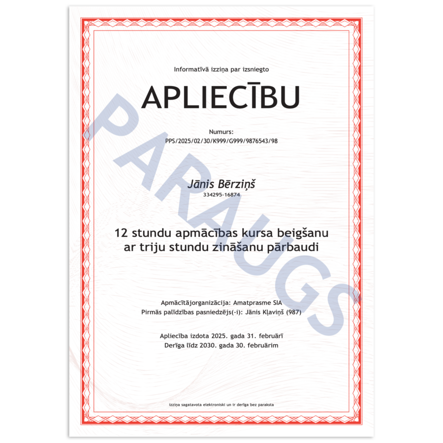 Pirmās palīdzības 15 stundu apliecība - paraugs