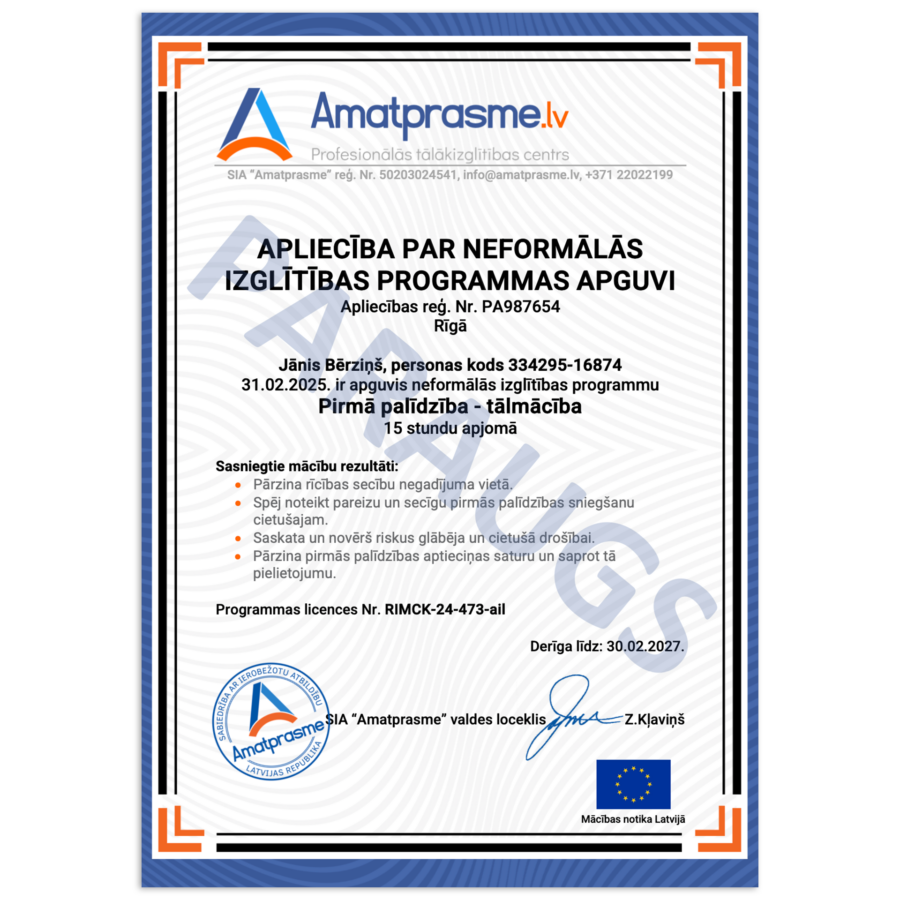 Pirmā palīdzība online apliecības paraugs